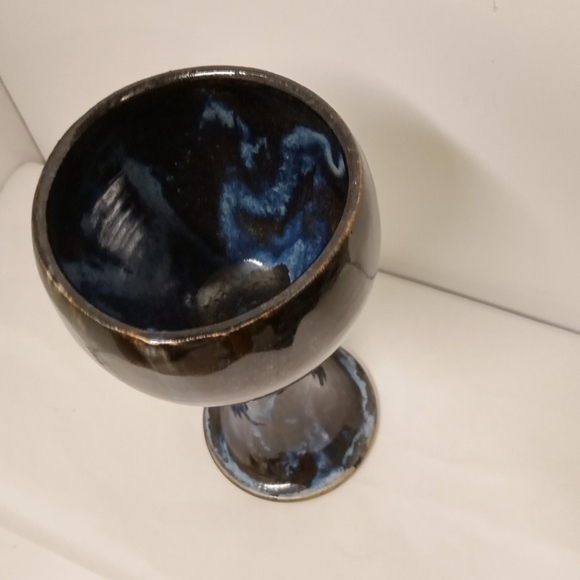 Vintage Handcrafted Churning Pottery Art Goblet Blues Dripping Glazed 8" - Picture 2 of 6